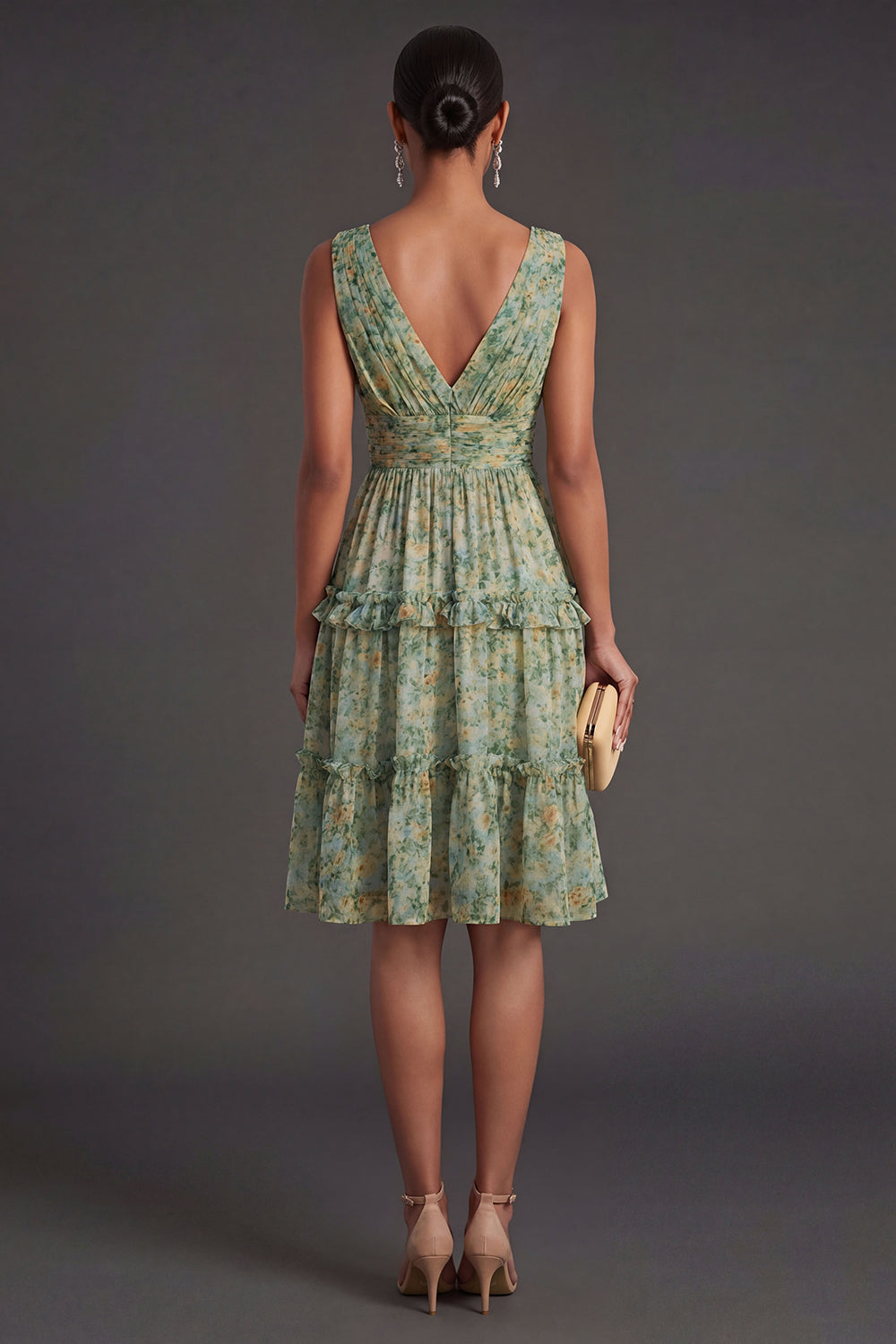 Tiered A Line Dusty Green Floral Midi Wedding Guest Dress