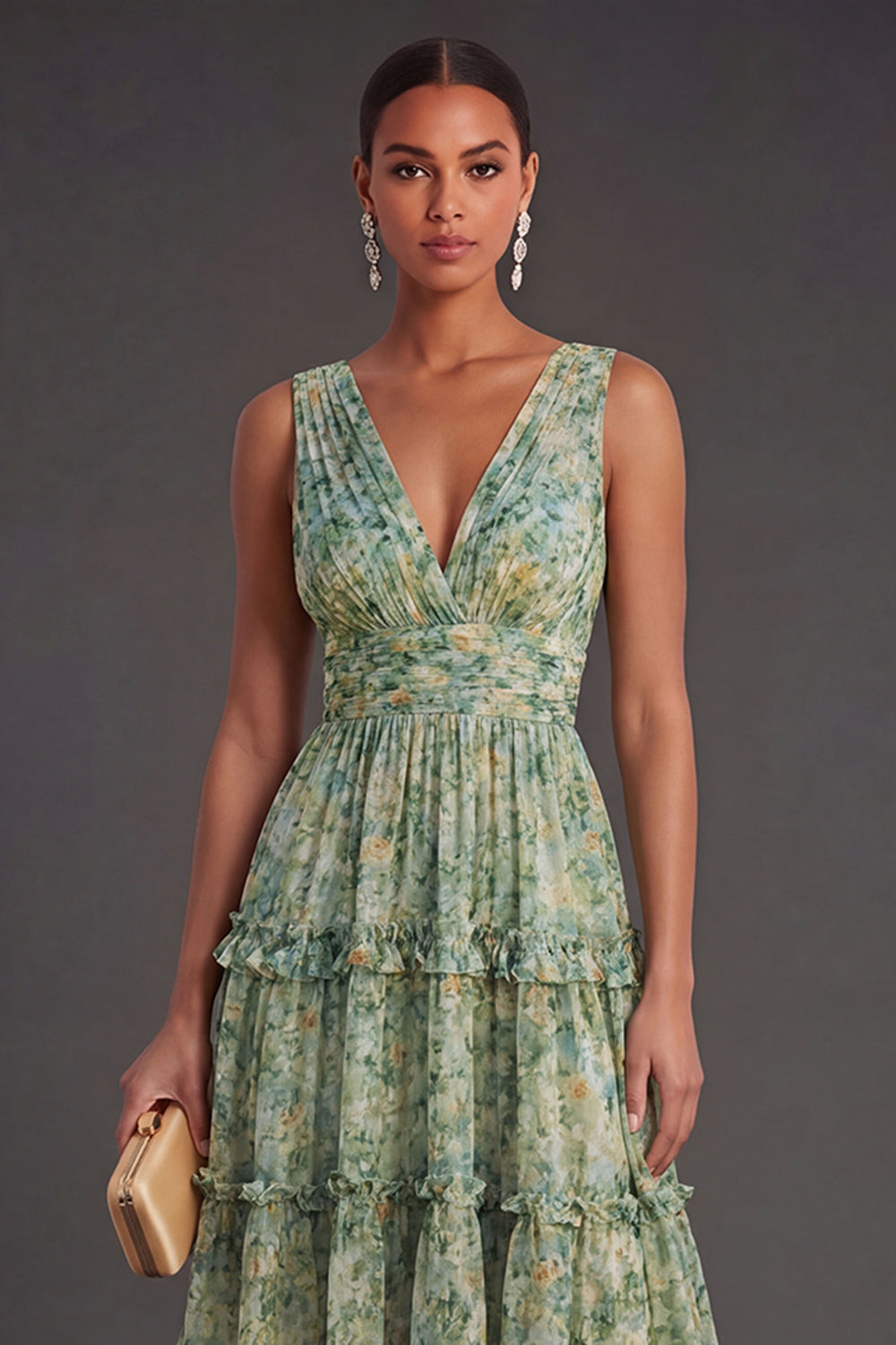 Tiered A Line Dusty Green Floral Midi Wedding Guest Dress