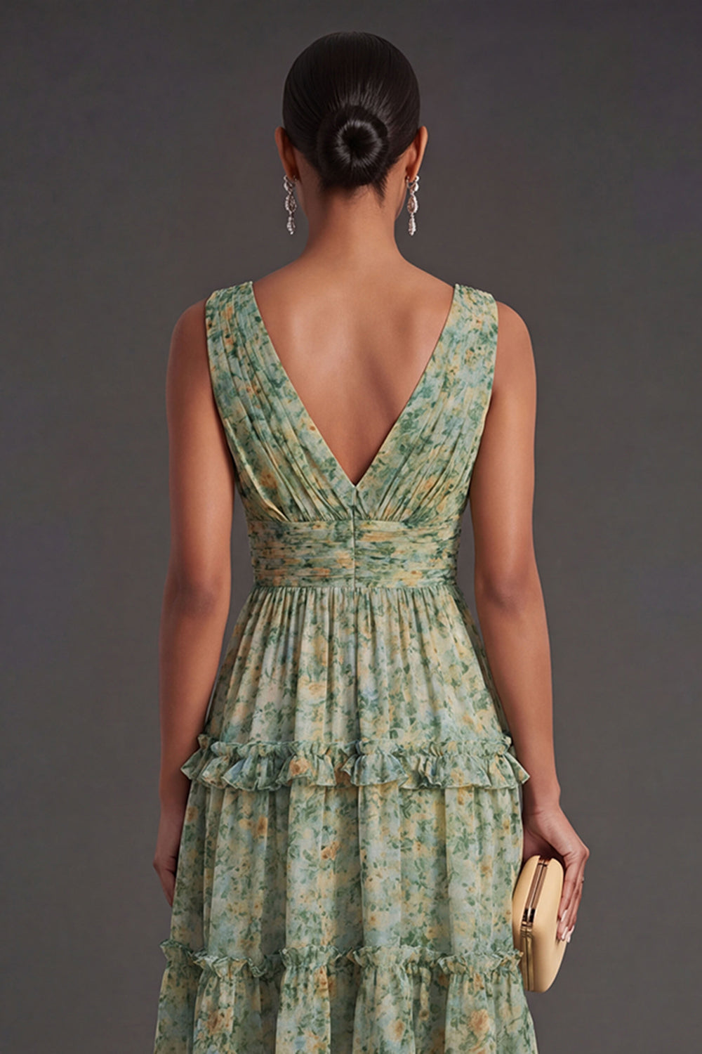 Tiered A Line Dusty Green Floral Midi Wedding Guest Dress