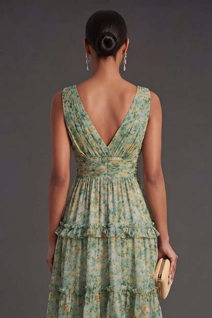 Tiered A Line Dusty Green Floral Midi Wedding Guest Dress