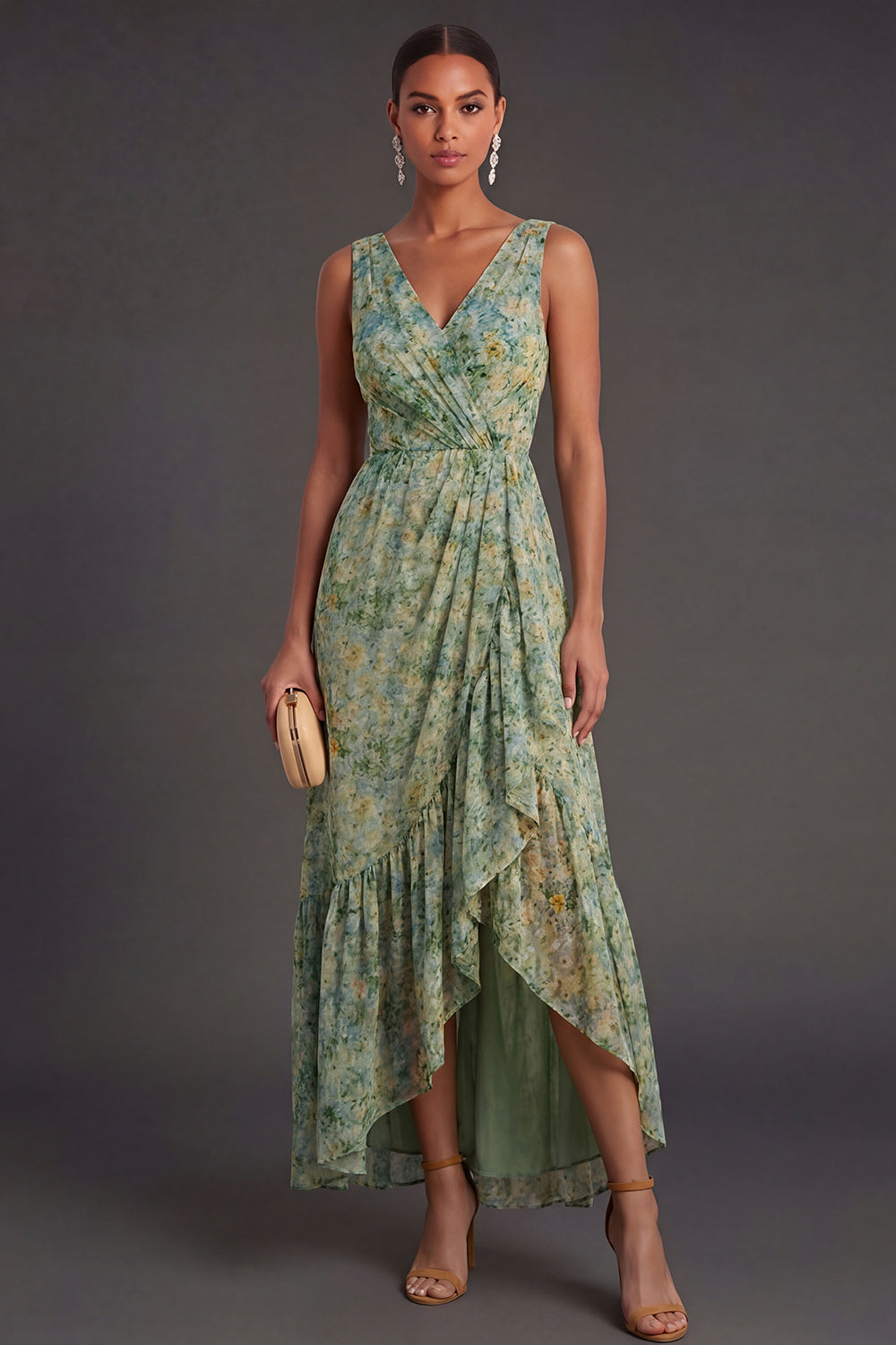 Leely Women Ruffled A Line Dusty Green Floral High Low Wedding Guest Dress V Neck Sleeveless Garden Party Dress