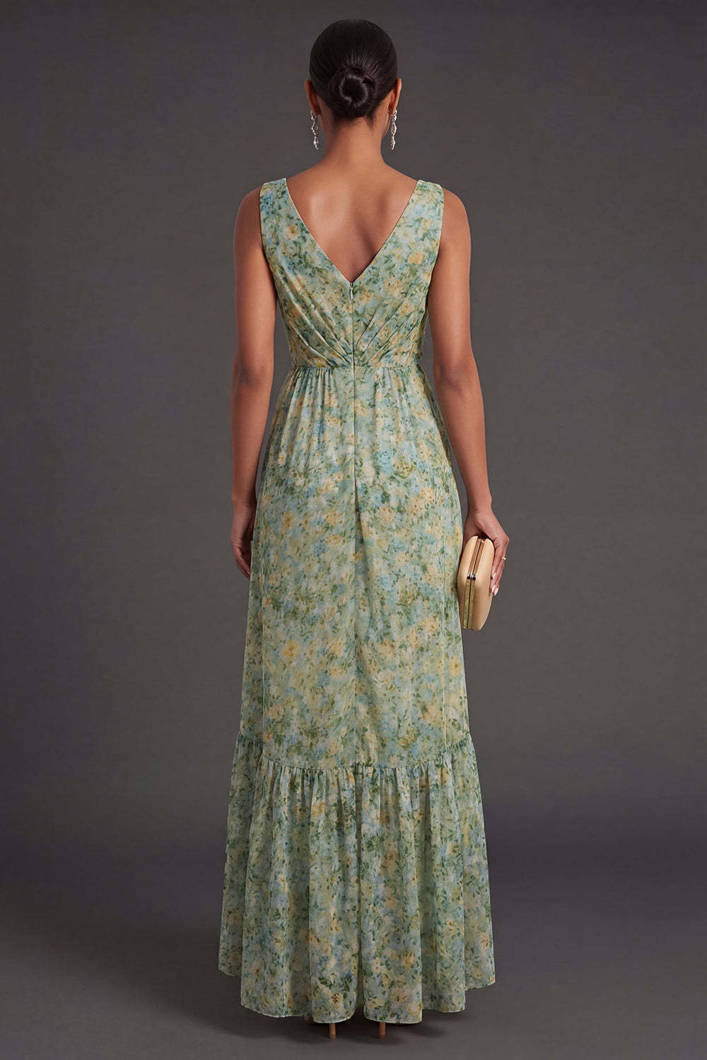 Ruffled A Line Dusty Green Floral High Low Wedding Guest Dress