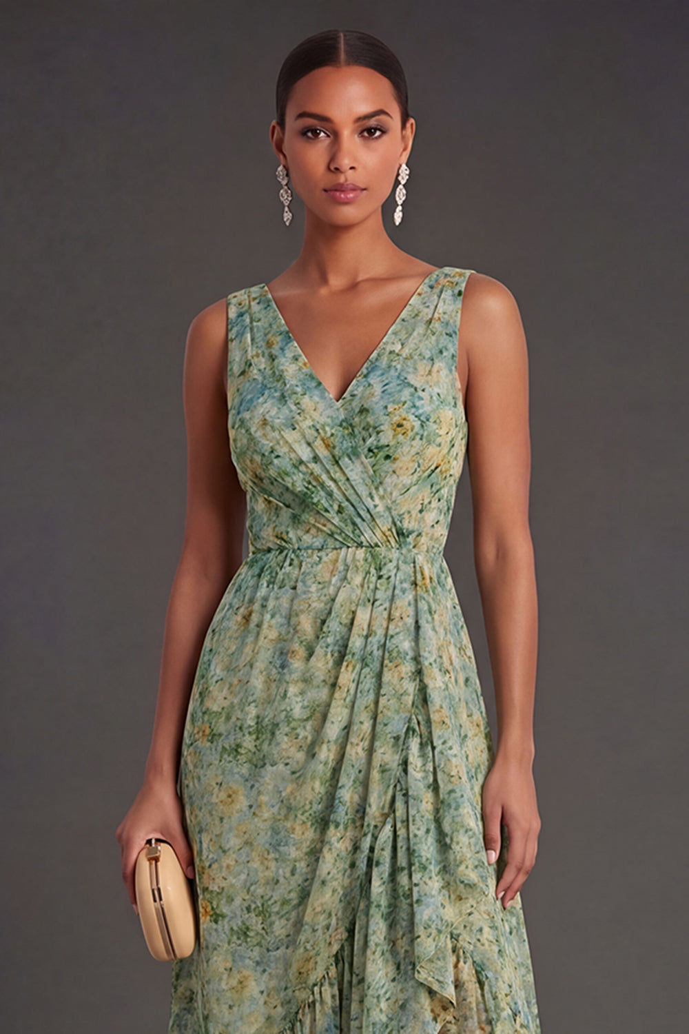 Ruffled A Line Dusty Green Floral High Low Wedding Guest Dress