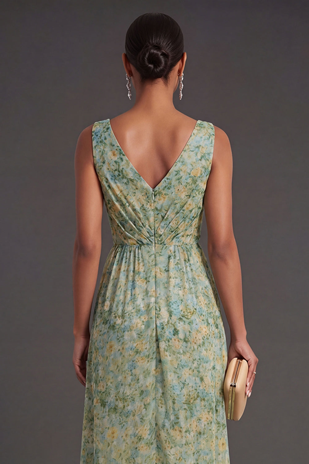 Ruffled A Line Dusty Green Floral High Low Wedding Guest Dress