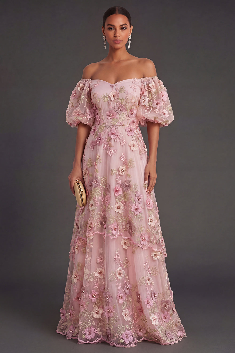 Leely Women Pink Fuchsia Floral A Line Appliqued Long Wedding Guest Dress Off the Shoulder Puff Sleeves Garden Party Dress