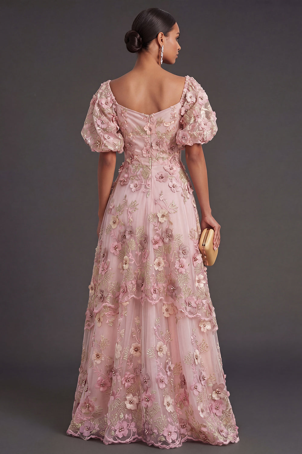 Pink Fuchsia Floral A Line Appliqued Long Wedding Guest Dress
