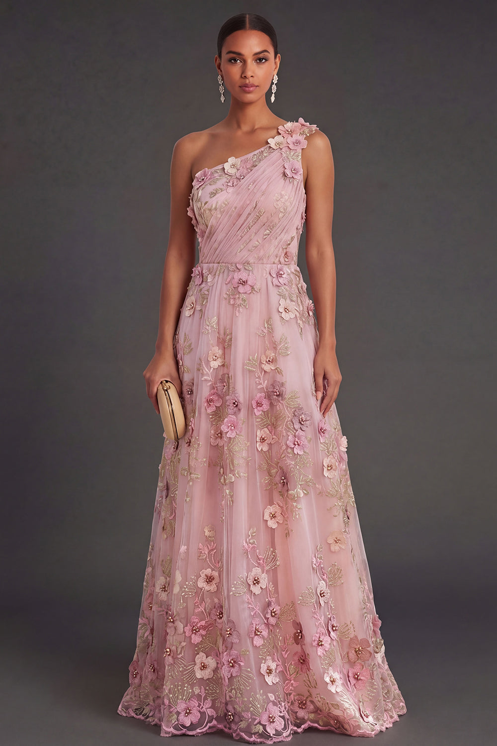 Leely Women Ruched Pink Fuchsia Floral A Line Long Wedding Guest Dress One Shoulder Appliqued Garden Party Dress