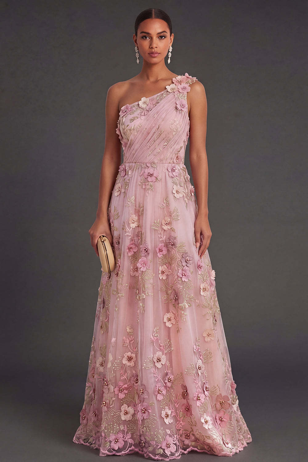 Leely Women Ruched Pink Fuchsia Floral A Line Long Wedding Guest Dress One Shoulder Appliqued Garden Party Dress