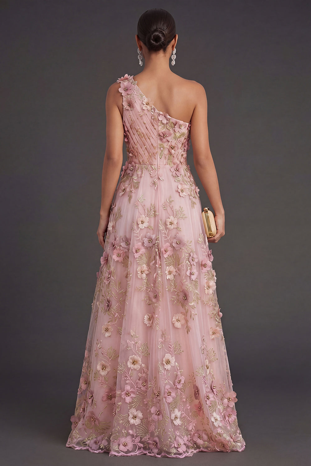Ruched Pink Fuchsia Floral A Line Long Wedding Guest Dress