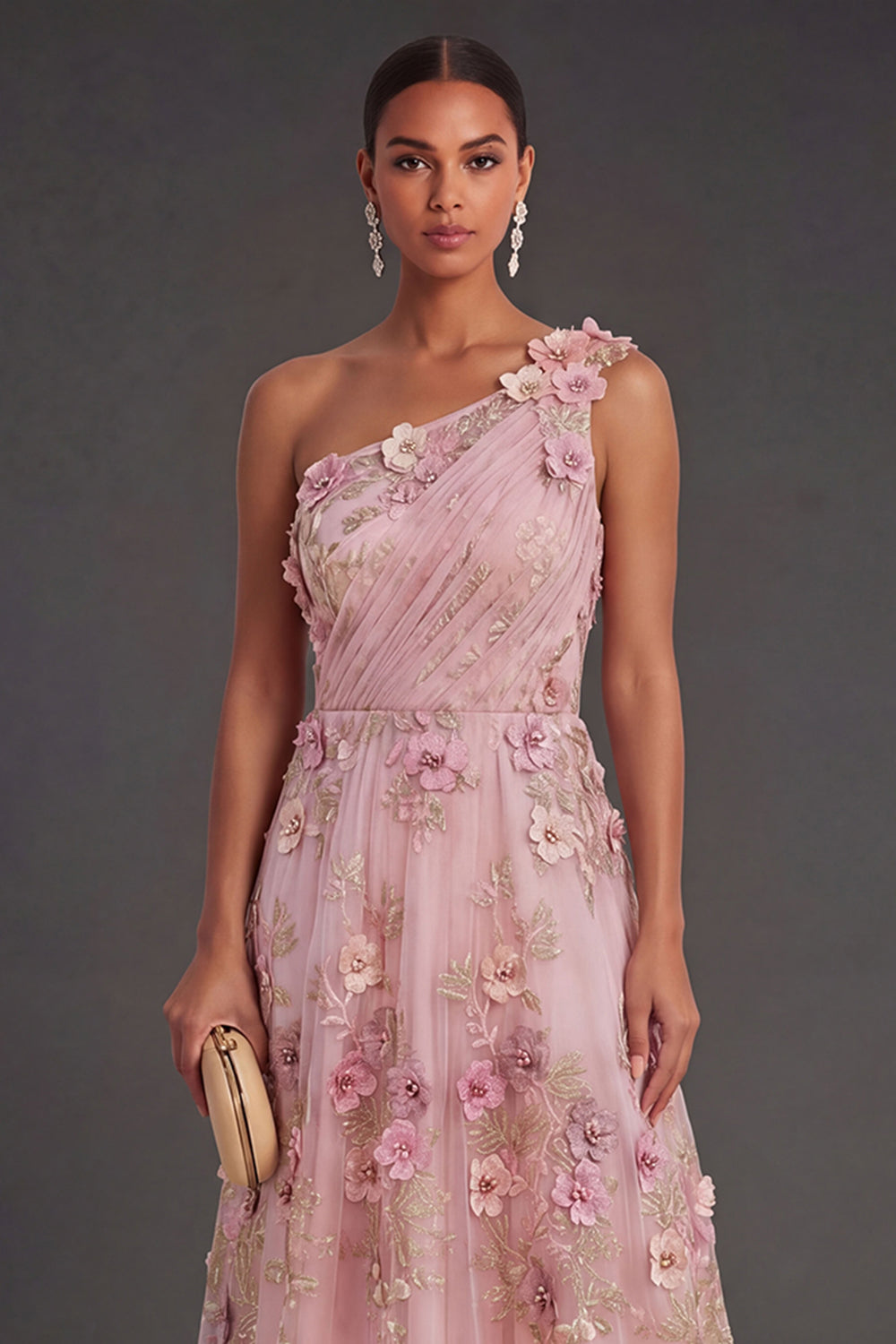 Ruched Pink Fuchsia Floral A Line Long Wedding Guest Dress
