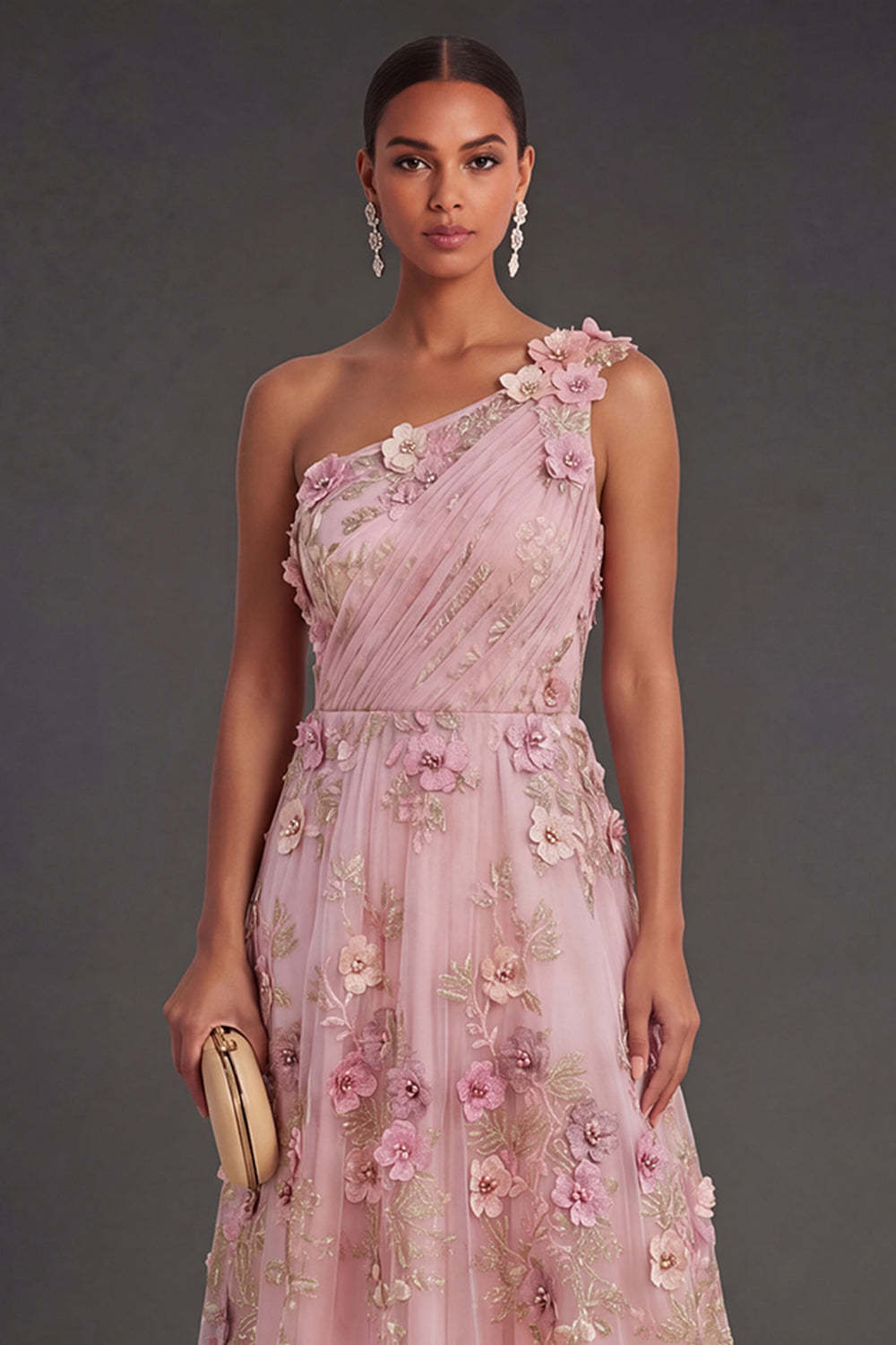 Ruched Pink Fuchsia Floral A Line Long Wedding Guest Dress