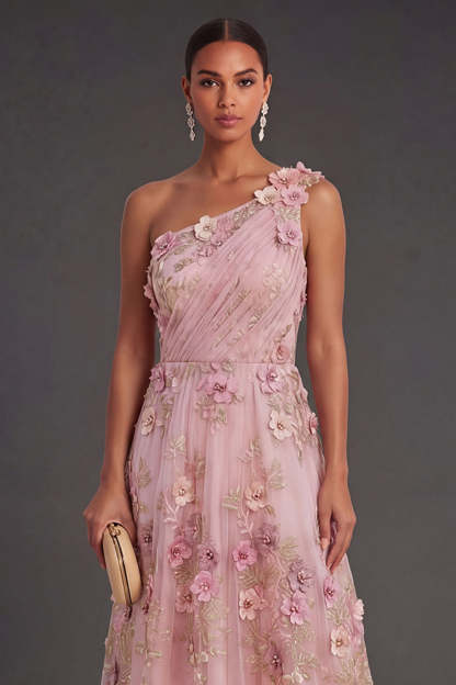 Ruched Pink Fuchsia Floral A Line Long Wedding Guest Dress