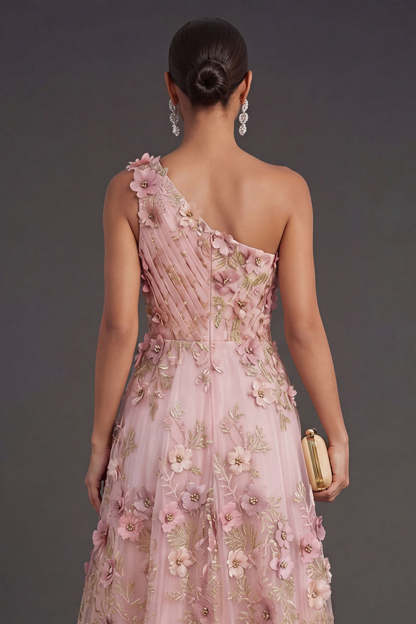 Ruched Pink Fuchsia Floral A Line Long Wedding Guest Dress
