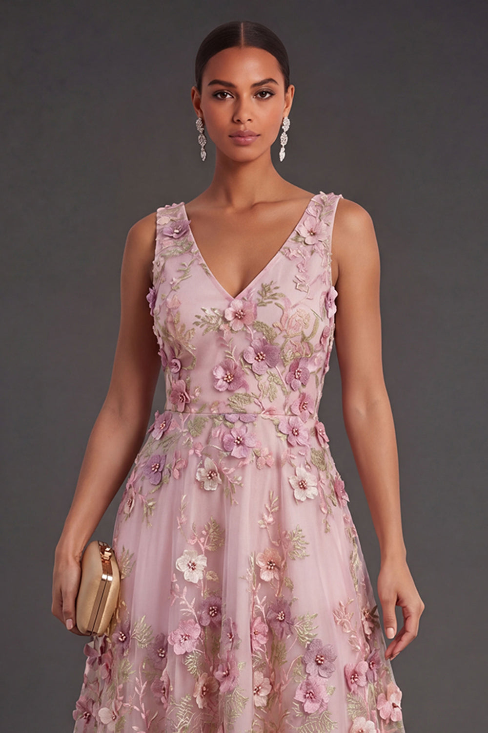 V Neck Pink Fuchsia Floral Summer Short Wedding Guest Dress