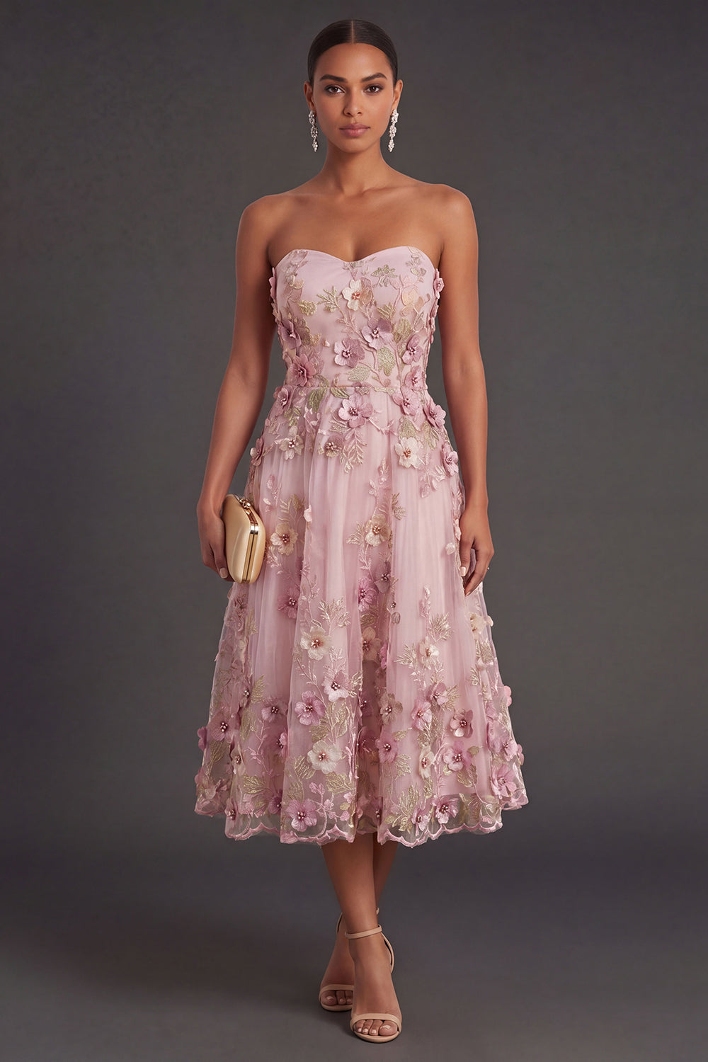 Floral Pink Fuchsia Appliqued Backless Midi Wedding Guest Dress
