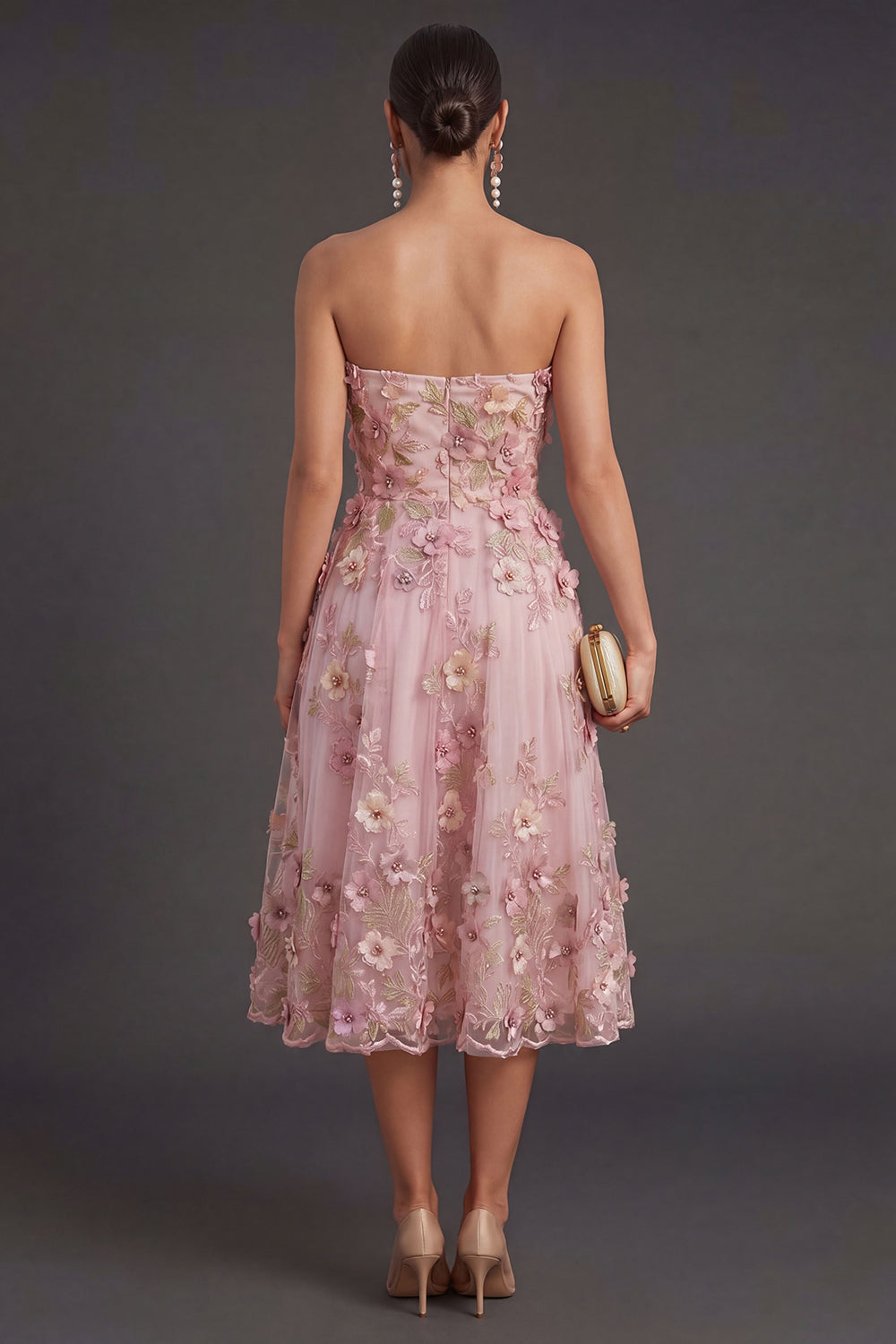 Floral Pink Fuchsia Appliqued Backless Midi Wedding Guest Dress