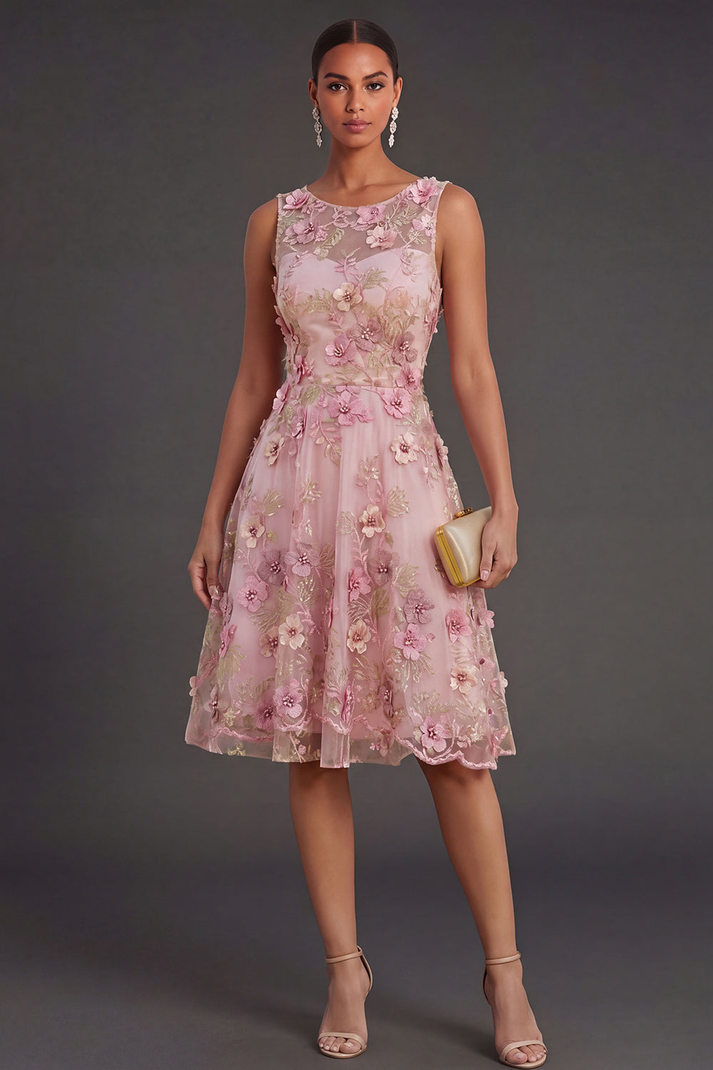 Floral Pink Fuchsia Appliqued Illusion Neck Midi Wedding Guest Dress