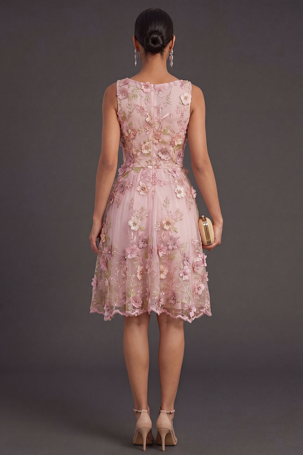 Floral Pink Fuchsia Appliqued Illusion Neck Midi Wedding Guest Dress