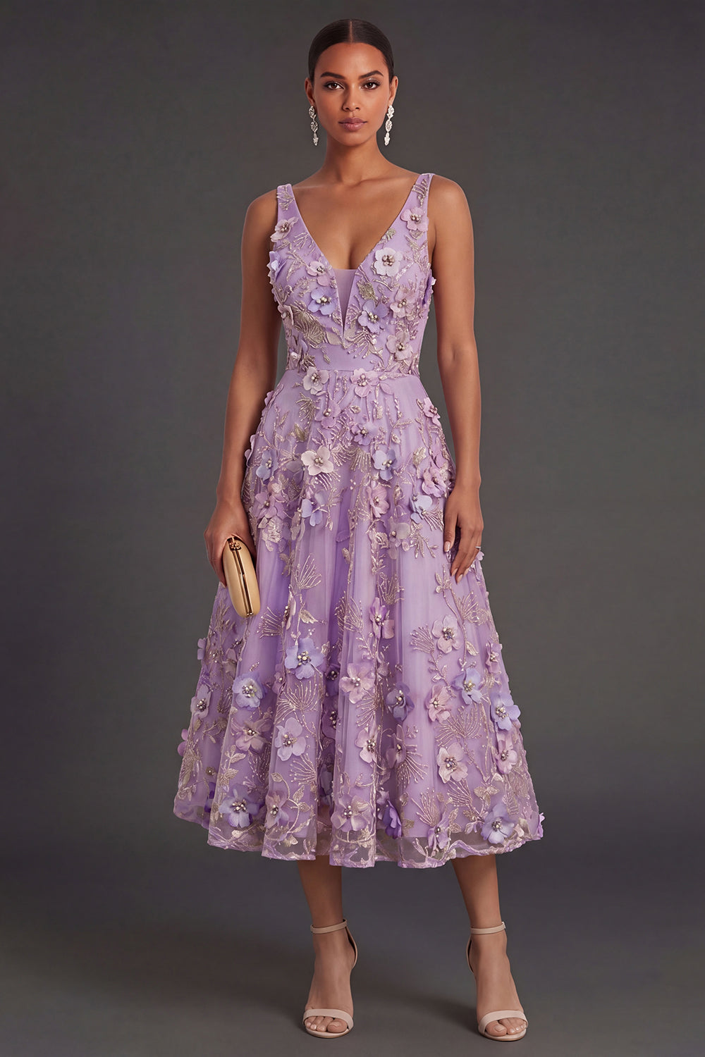 Leely Women A Line Lilac Floral V Neck Midi Wedding Guest Dress Backless Sleeveless Appliqued Garden Party Dress