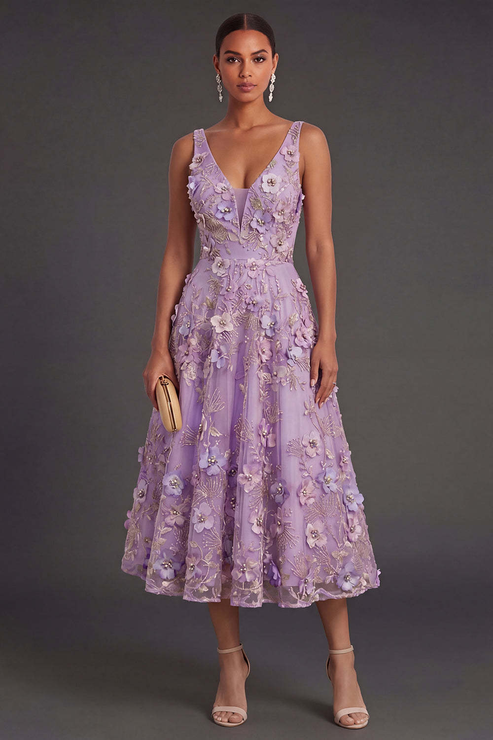 Leely Women A Line Lilac Floral V Neck Midi Wedding Guest Dress Backless Sleeveless Appliqued Garden Party Dress