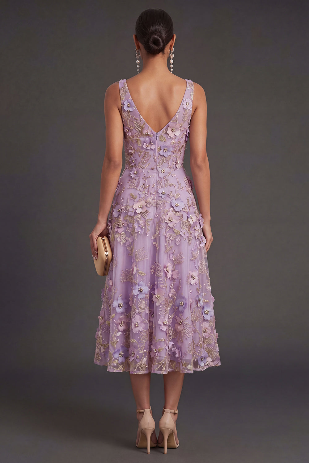A Line Lilac Floral V Neck Midi Wedding Guest Dress
