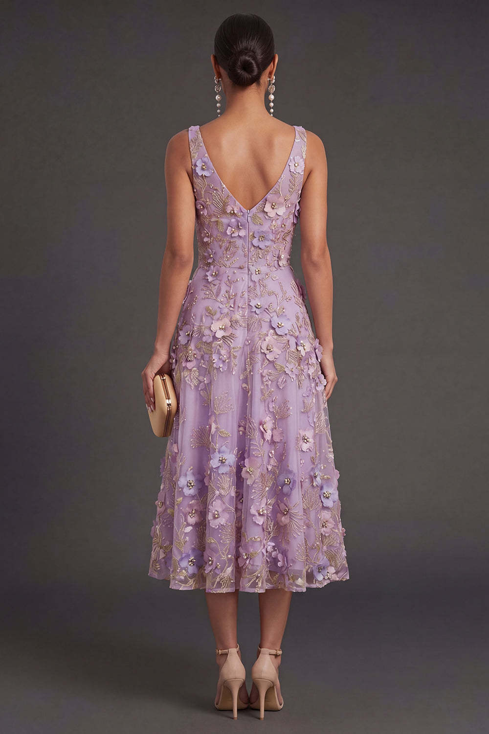 A Line Lilac Floral V Neck Midi Wedding Guest Dress