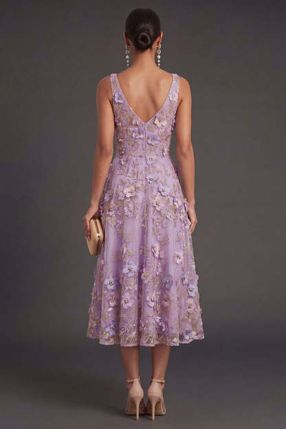 A Line Lilac Floral V Neck Midi Wedding Guest Dress