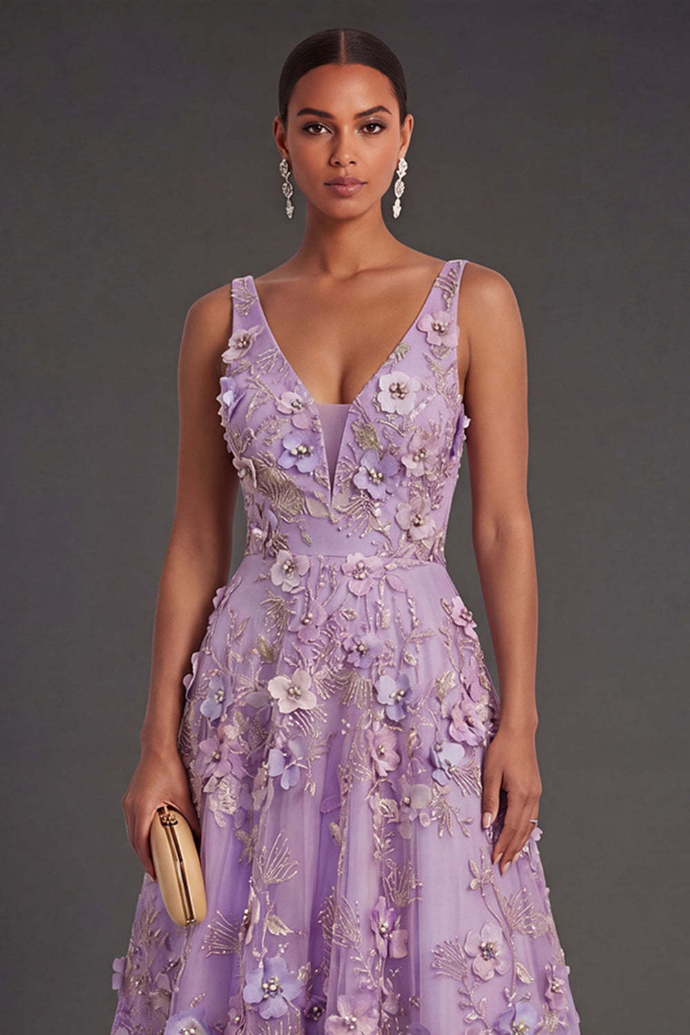 A Line Lilac Floral V Neck Midi Wedding Guest Dress