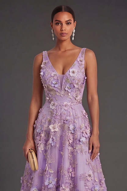 A Line Lilac Floral V Neck Midi Wedding Guest Dress