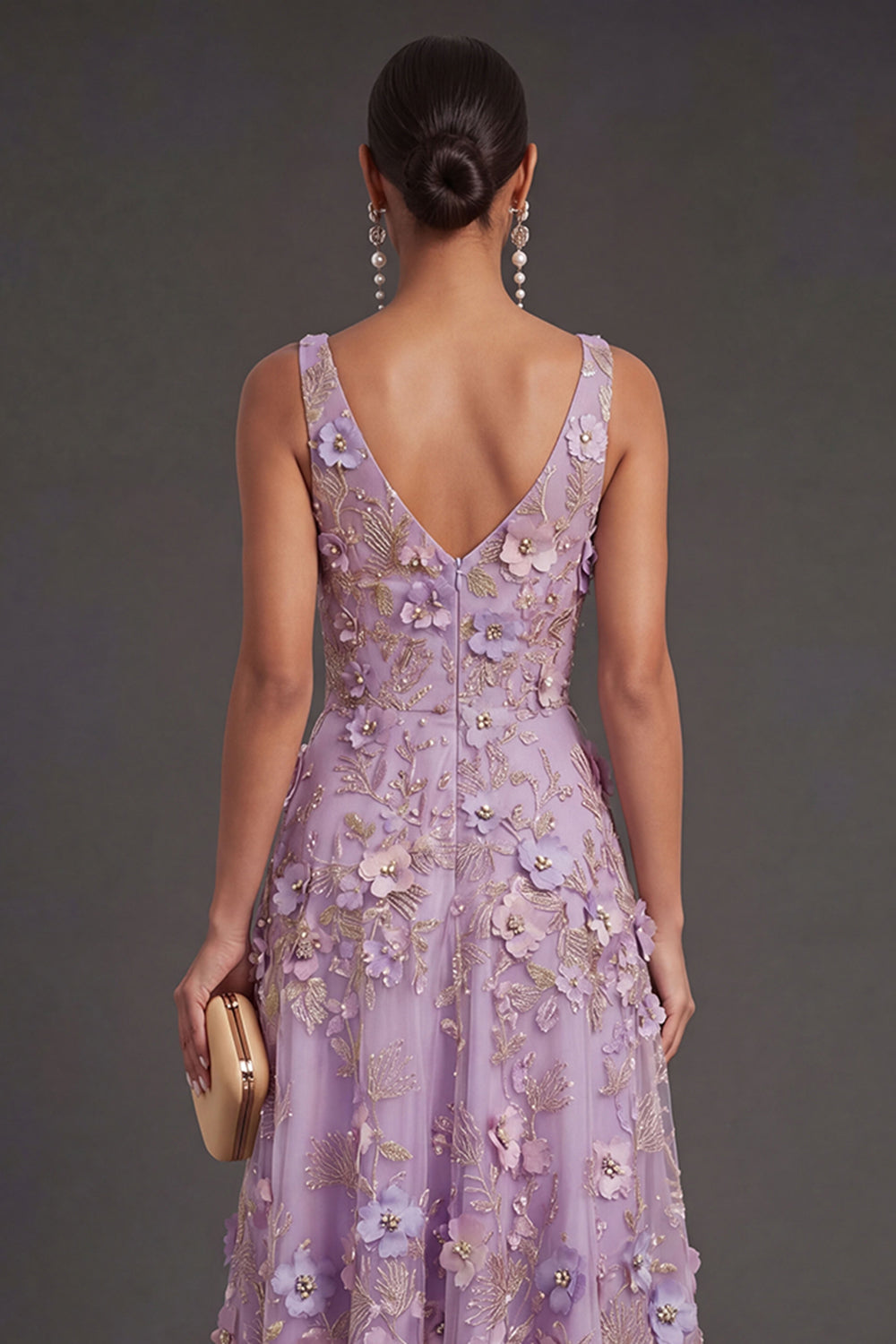 A Line Lilac Floral V Neck Midi Wedding Guest Dress