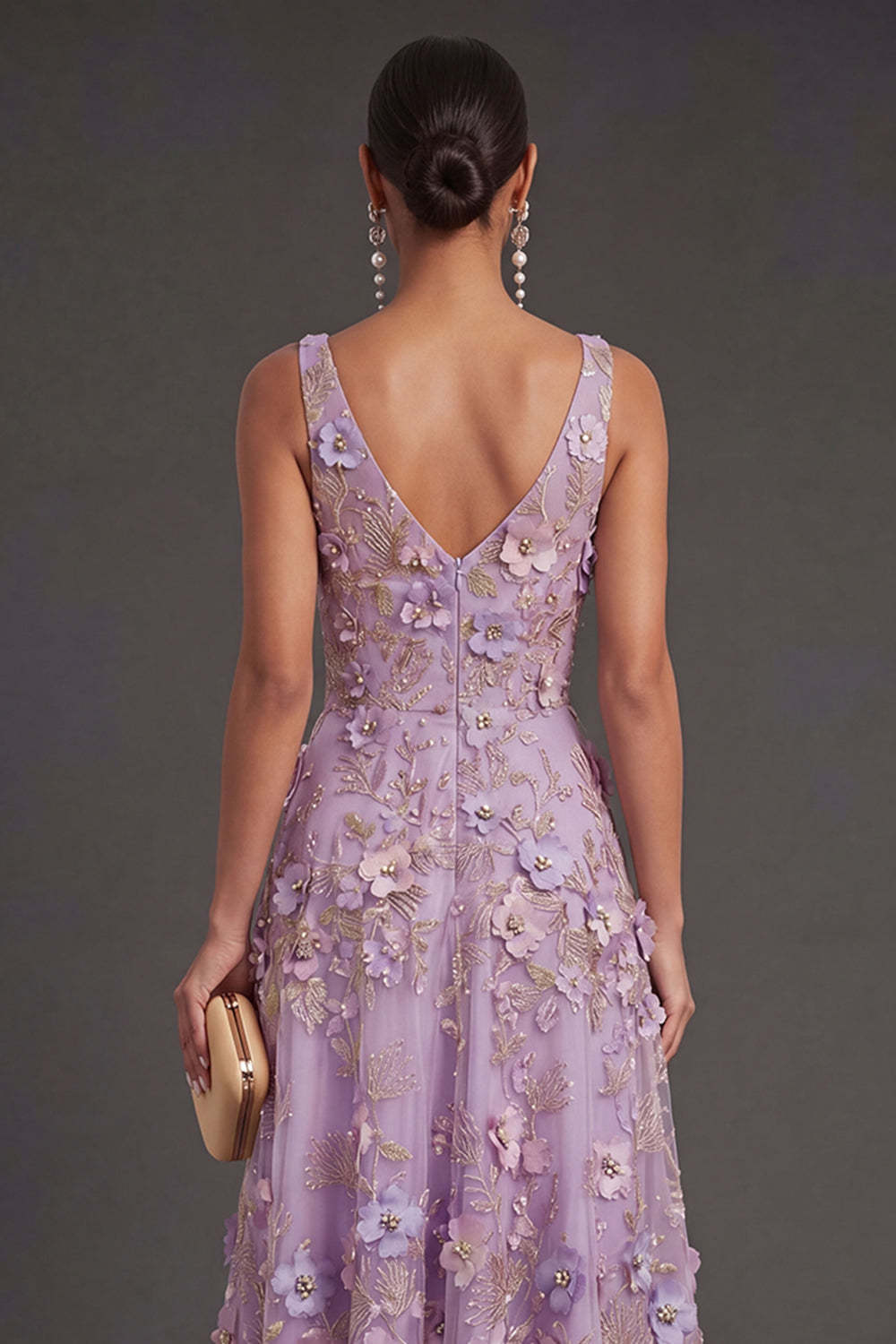A Line Lilac Floral V Neck Midi Wedding Guest Dress