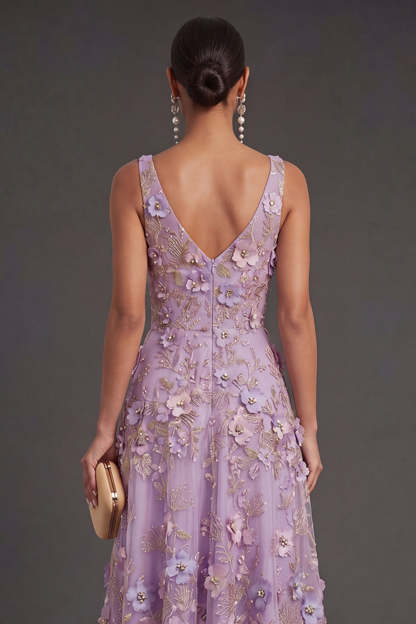 A Line Lilac Floral V Neck Midi Wedding Guest Dress