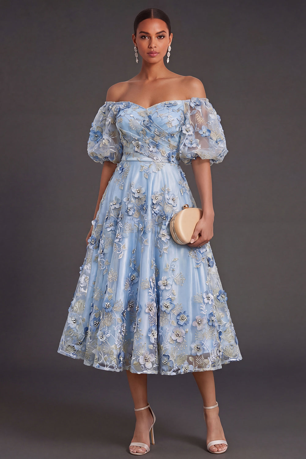 Blue Floral A Line Appliqued Midi Wedding Guest Dress