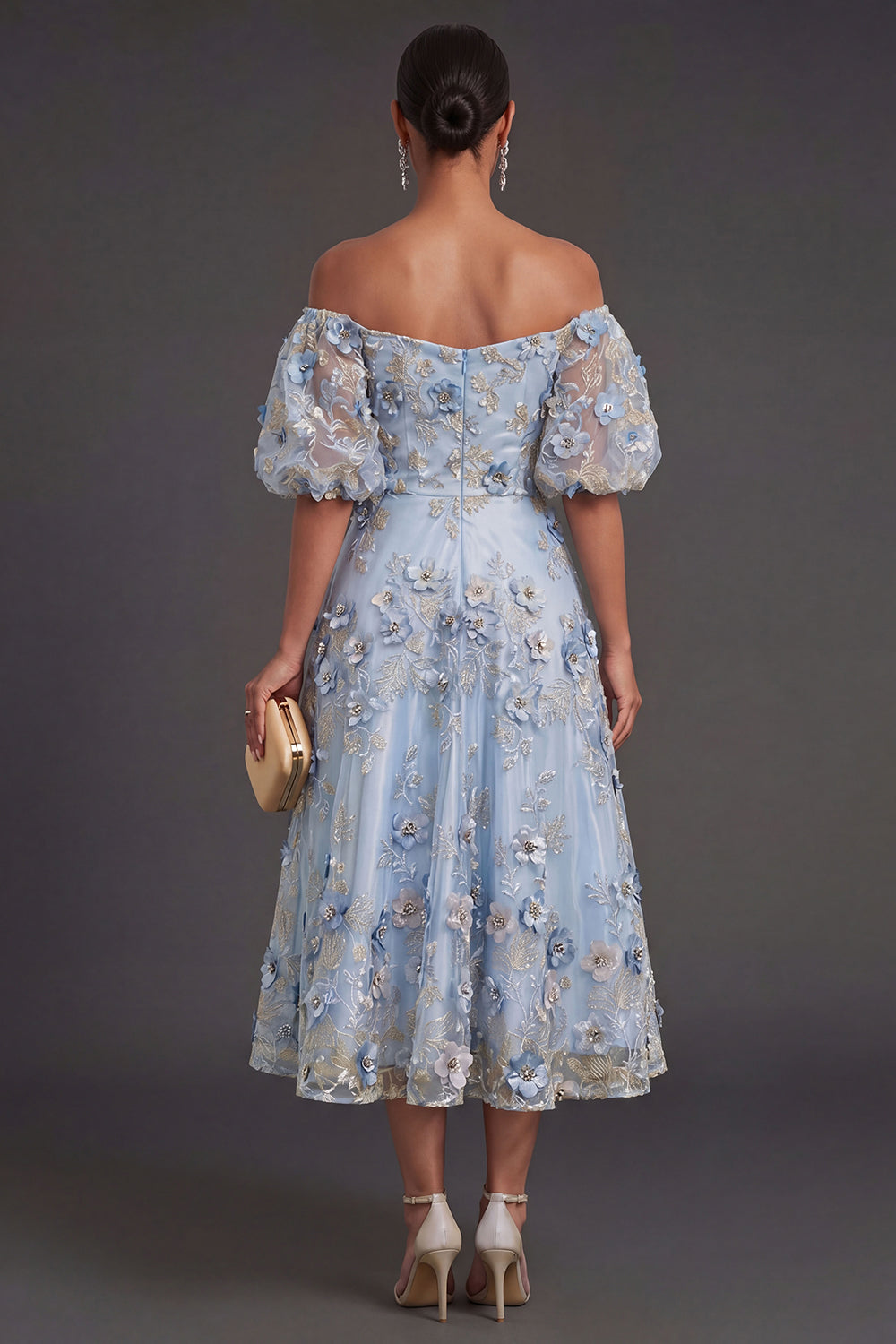Blue Floral A Line Appliqued Midi Wedding Guest Dress