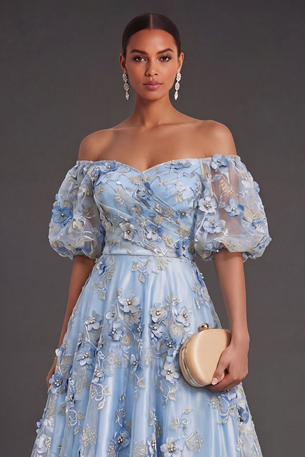 Blue Floral A Line Appliqued Midi Wedding Guest Dress