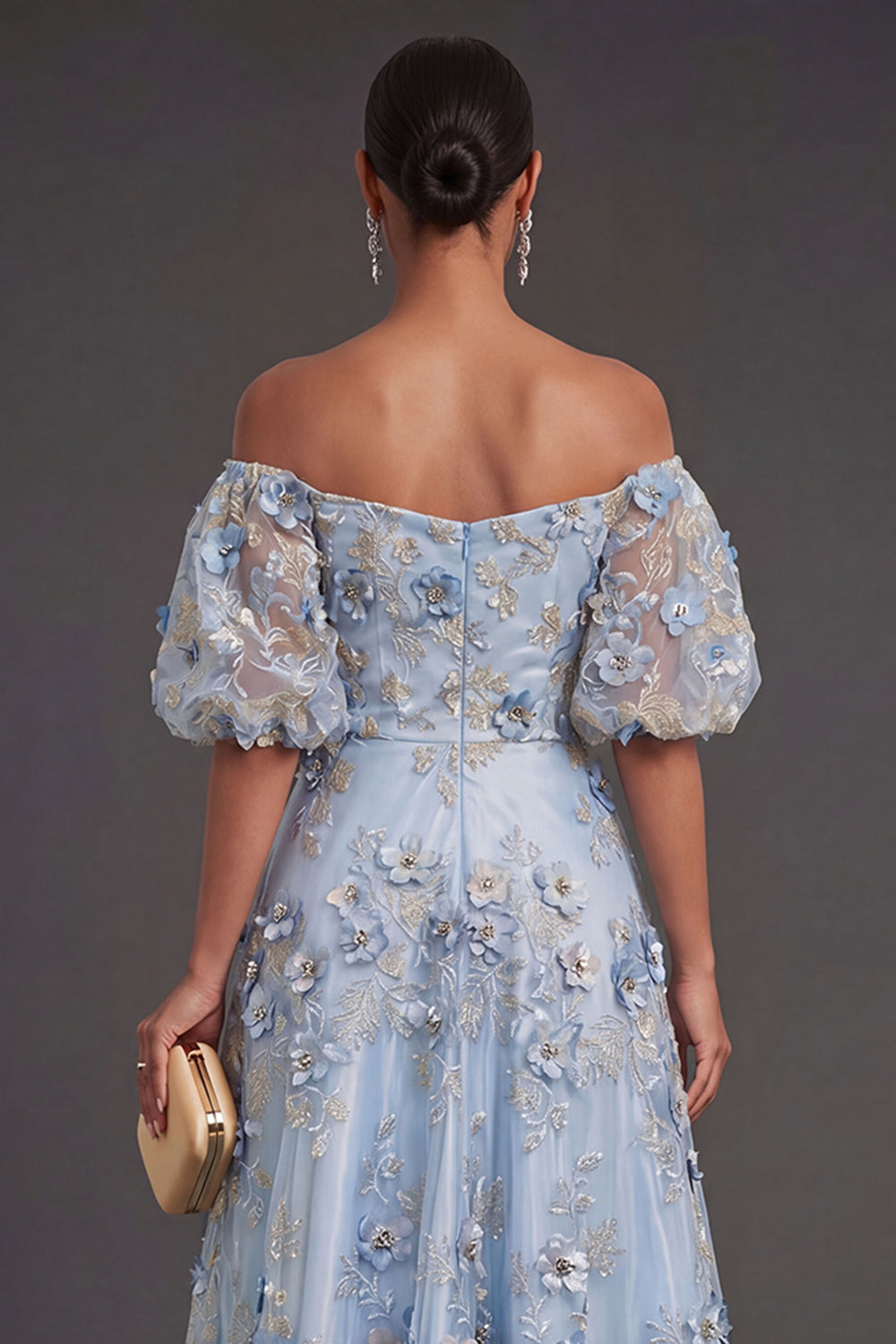 Blue Floral A Line Appliqued Midi Wedding Guest Dress