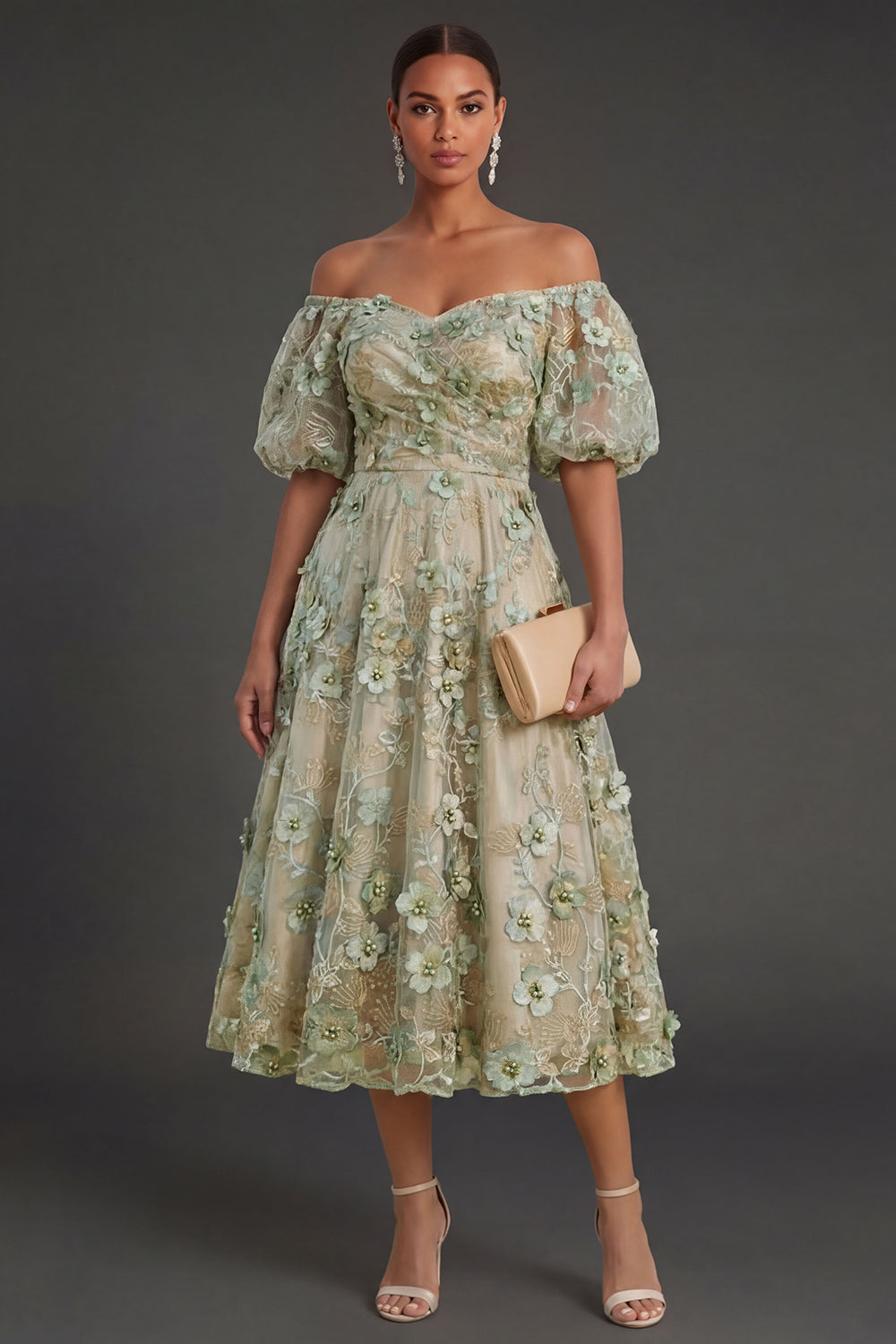 Blue Floral A Line Appliqued Midi Wedding Guest Dress