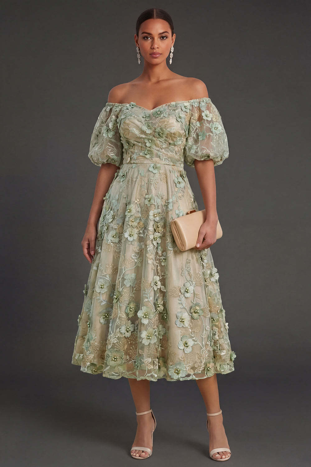 Blue Floral A Line Appliqued Midi Wedding Guest Dress