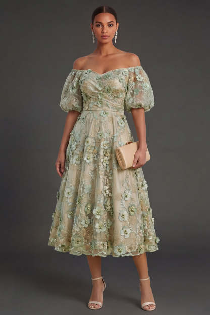 Blue Floral A Line Appliqued Midi Wedding Guest Dress