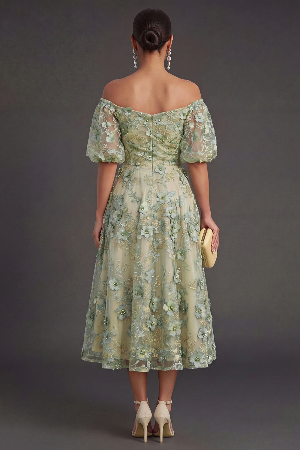 Blue Floral A Line Appliqued Midi Wedding Guest Dress