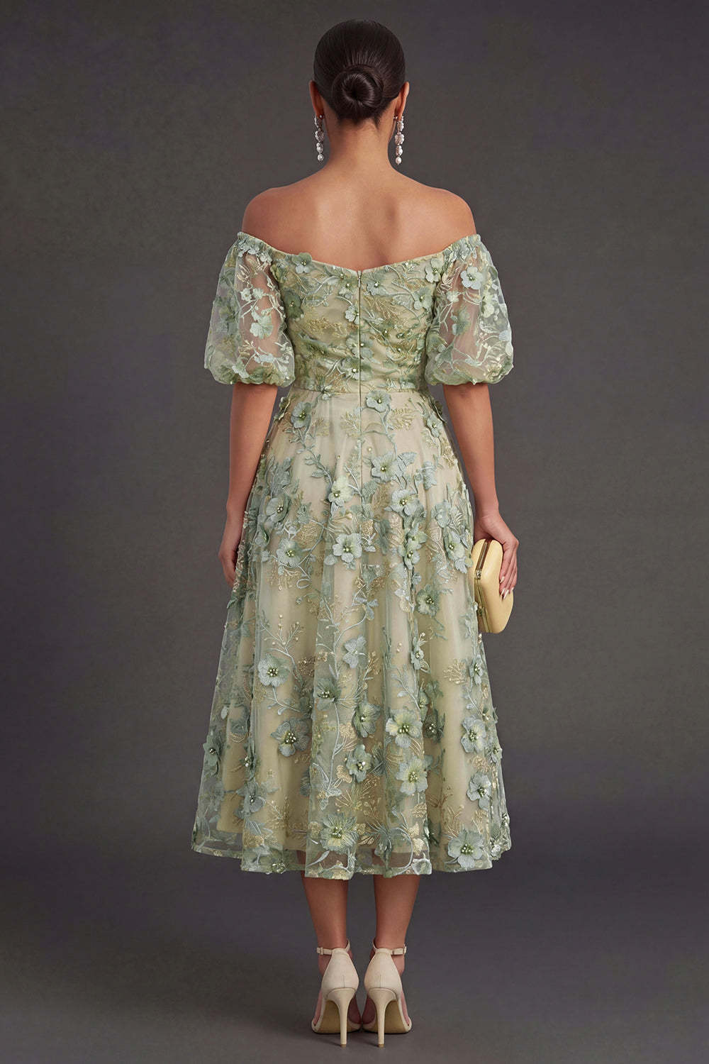Blue Floral A Line Appliqued Midi Wedding Guest Dress