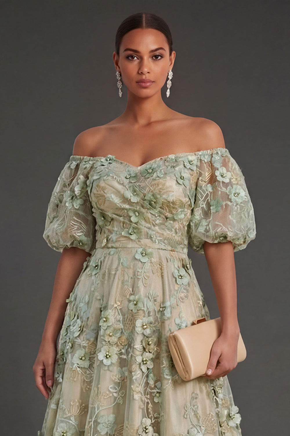 Blue Floral A Line Appliqued Midi Wedding Guest Dress