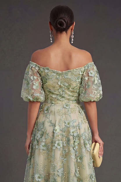 Blue Floral A Line Appliqued Midi Wedding Guest Dress