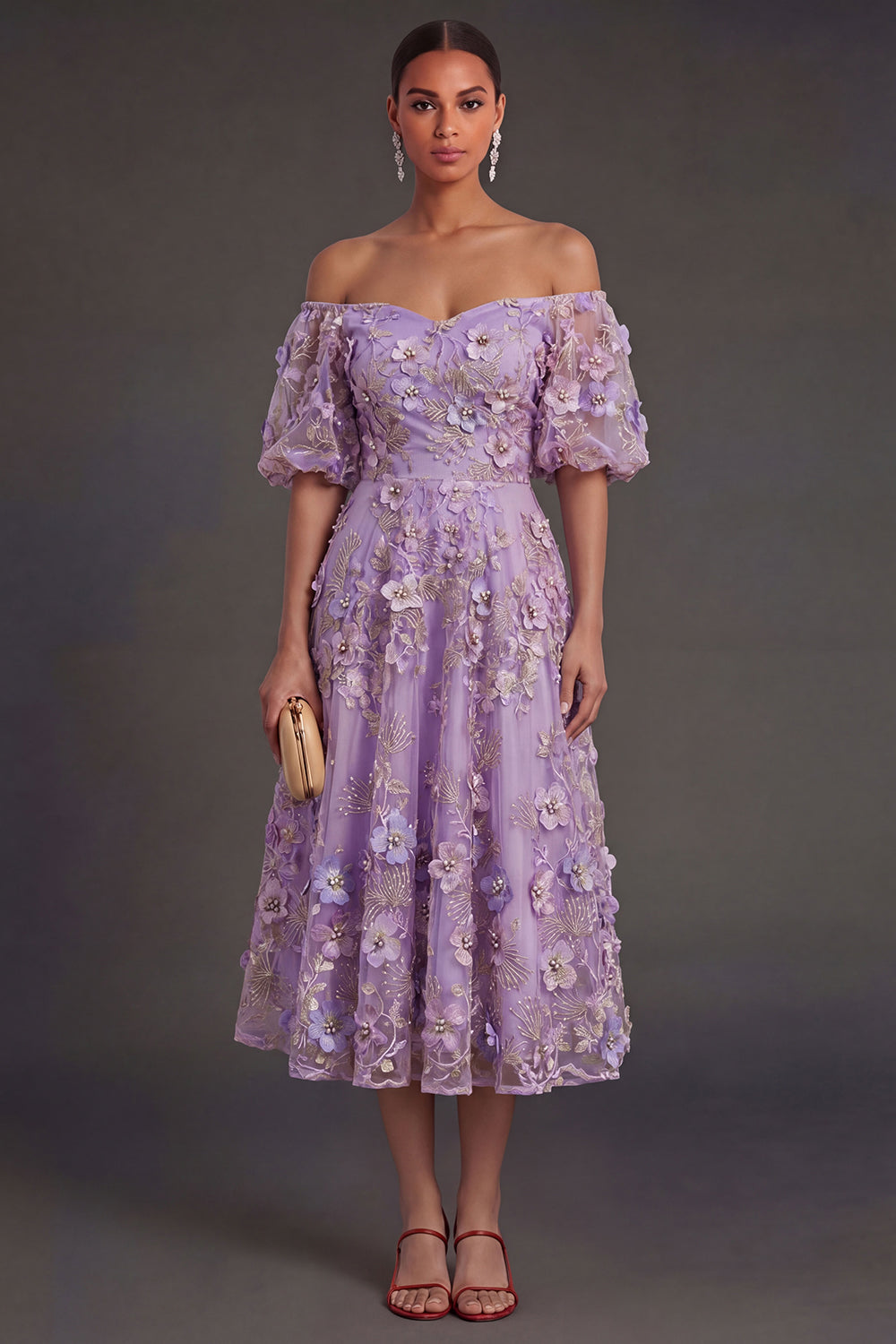 Leely Women Blue Floral A Line Appliqued Midi Wedding Guest Dress Puff Sleeves Off the Shoulder Garden Party Dress