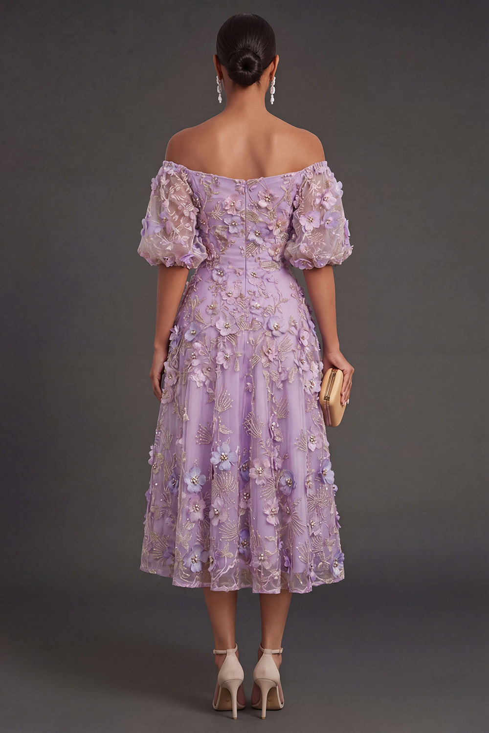 Blue Floral A Line Appliqued Midi Wedding Guest Dress