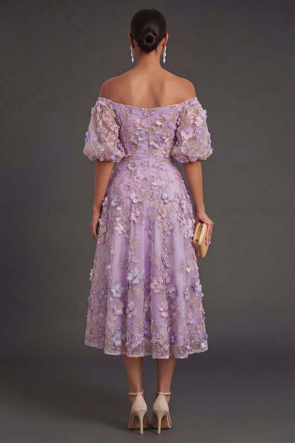 Blue Floral A Line Appliqued Midi Wedding Guest Dress