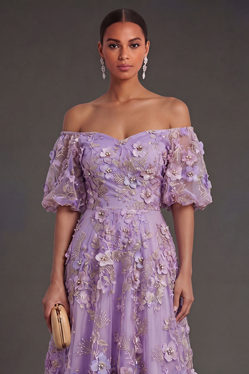 Blue Floral A Line Appliqued Midi Wedding Guest Dress