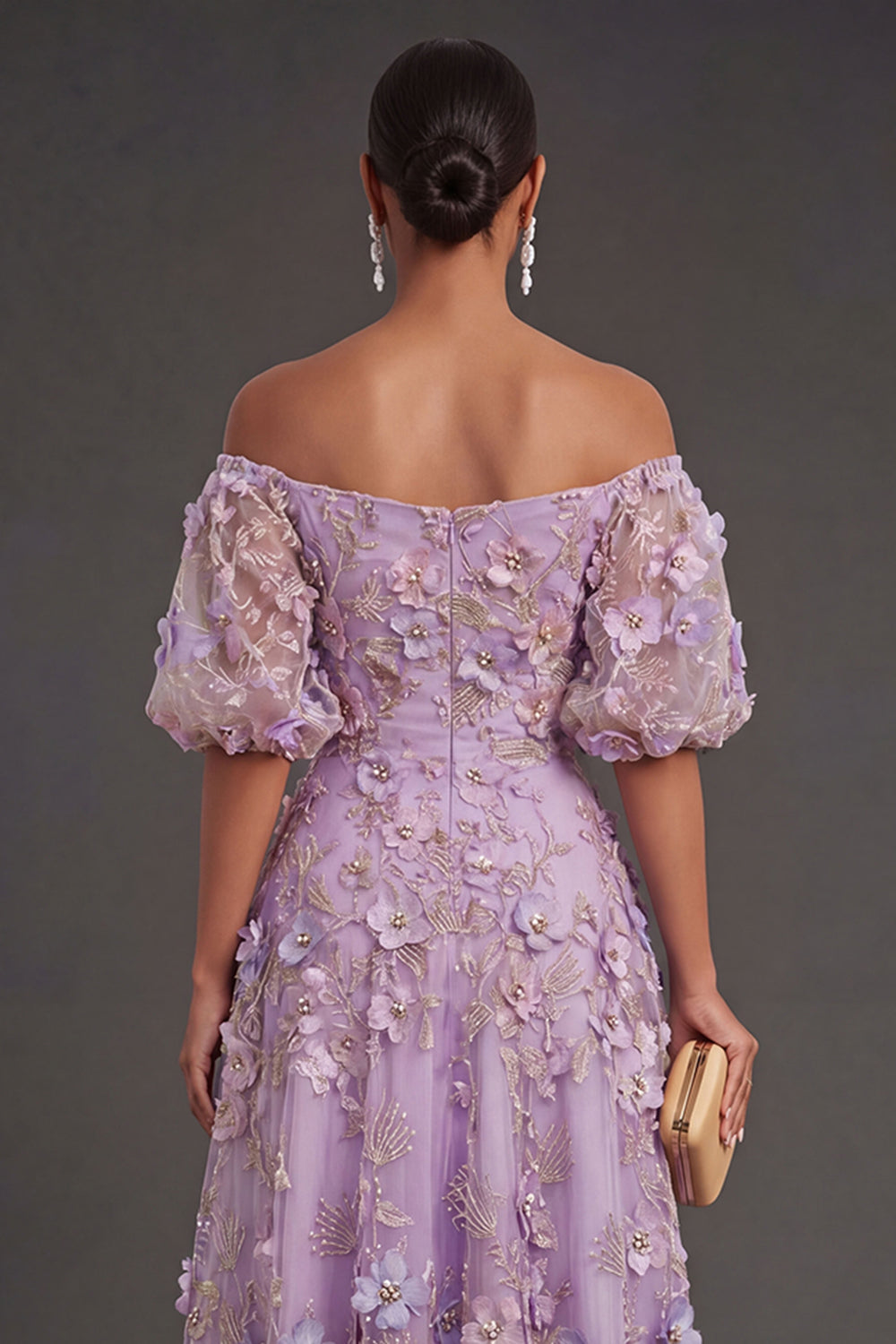 Blue Floral A Line Appliqued Midi Wedding Guest Dress