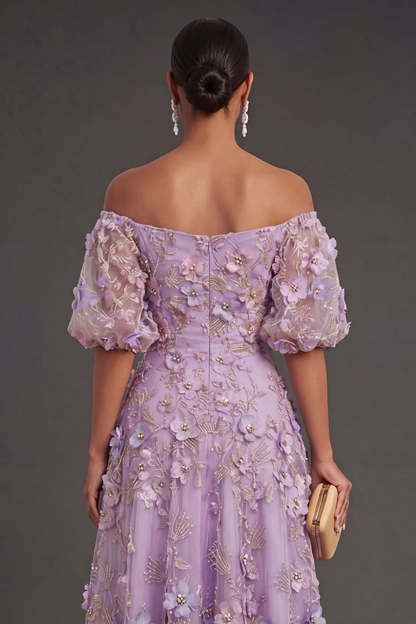 Blue Floral A Line Appliqued Midi Wedding Guest Dress