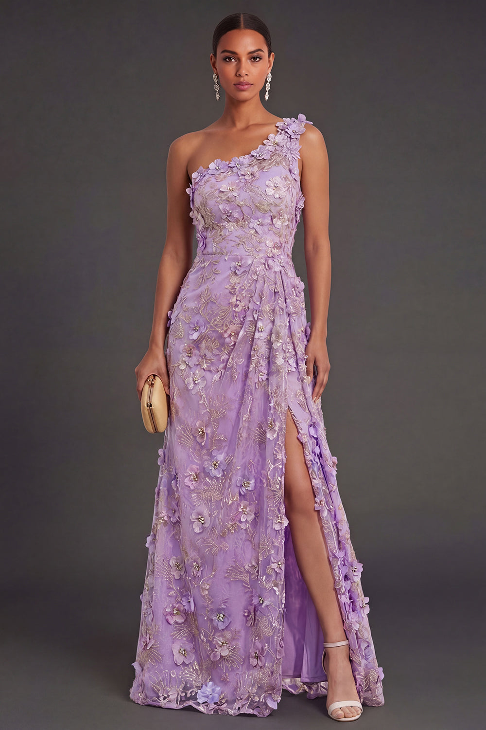 Leely Women Lilac Mermaid Floral Appliqued Long Wedding Guest Dress One Shoulder Backless Sleeveless Garden Party Dress
